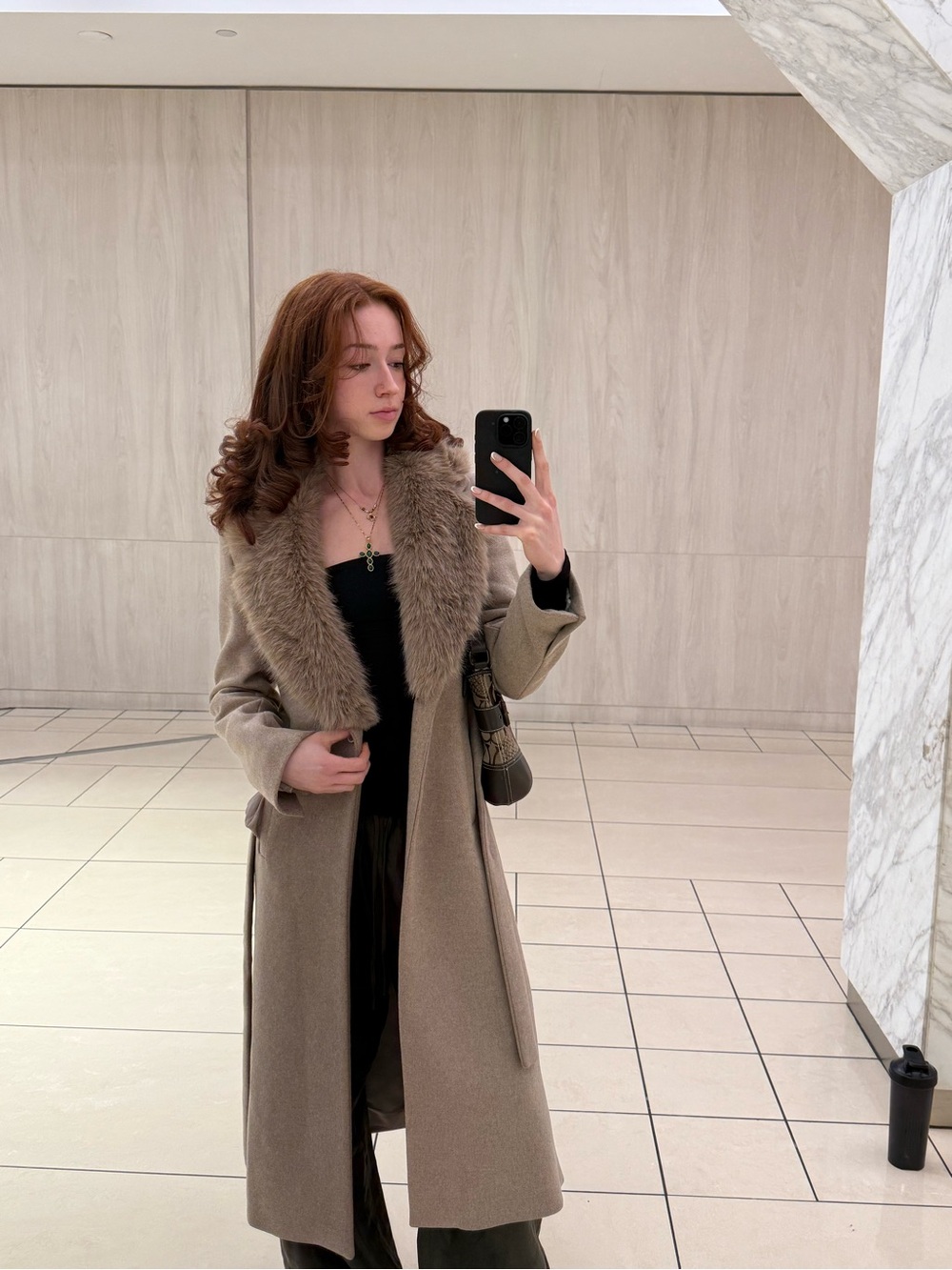 Zara Womens Taupe Faux Fur Trim Long Coat